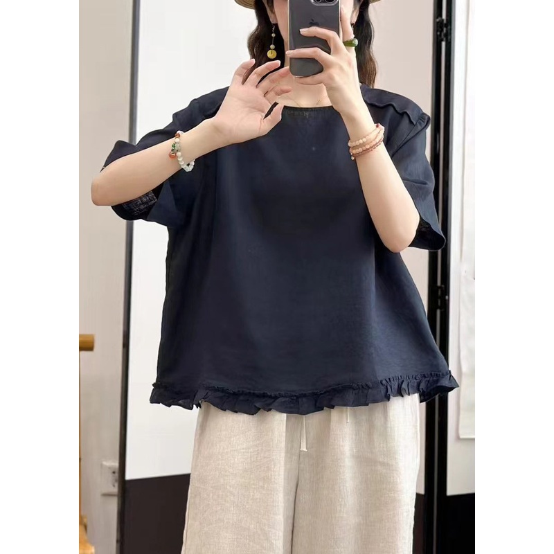 Navy Blouse Solid Summer Button O Neck Linen Tops