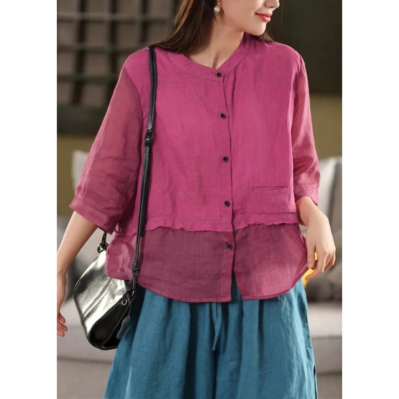 Neck Blouses Button Linen O New Rose Summer Patchwork
