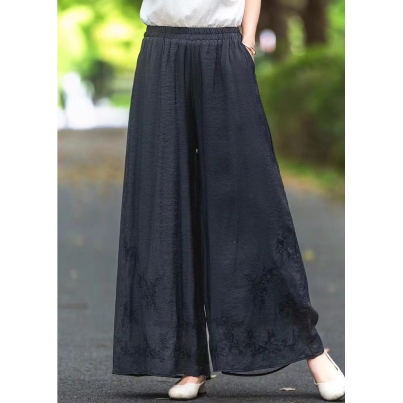 Pants Waist Summer Pockets Silk Embroidered Black Elastic