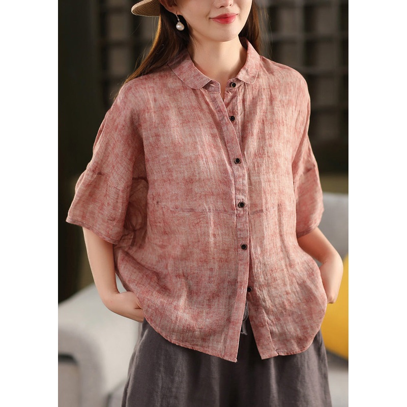 Patchwork Blouses Summer Pan Red Peter Casual Collar Linen