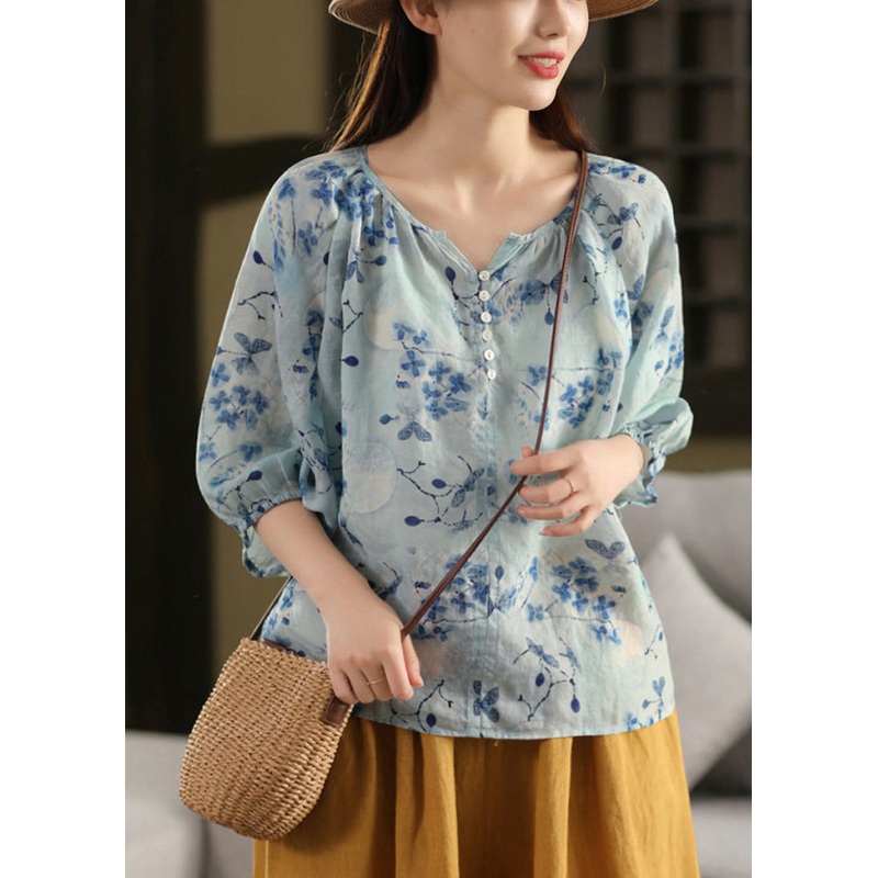 Shirts Neck V Bracelet Linen Print Stylish Sleeve Blue