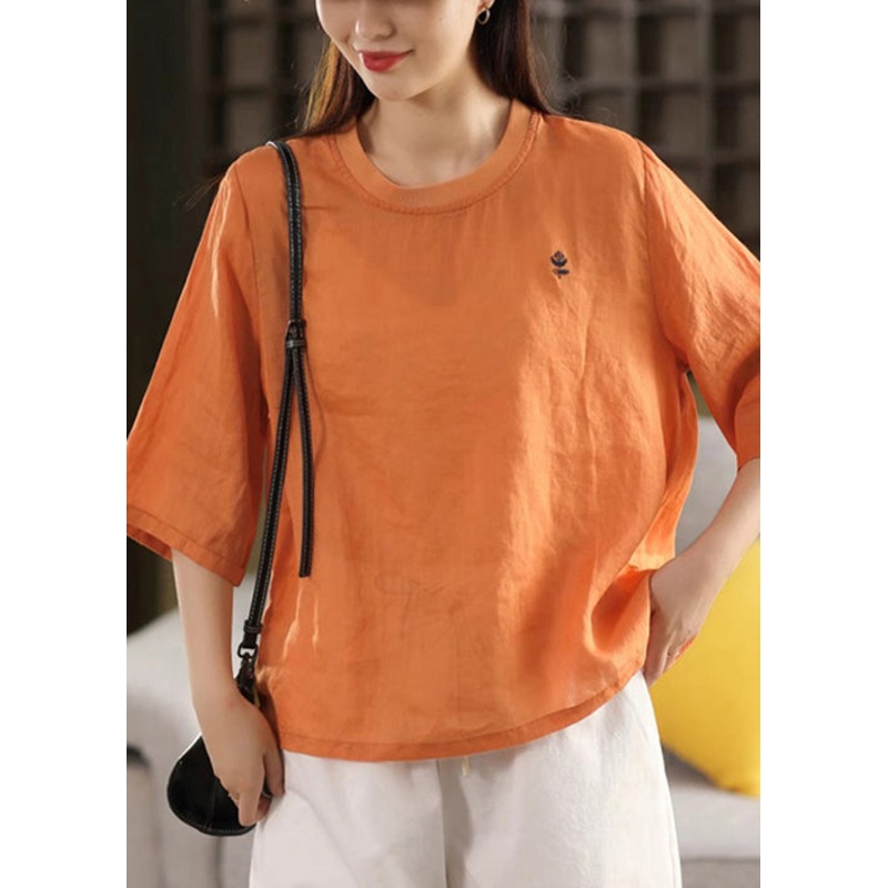 Sleeve Linen Half Women Neck Solid Shirts Orange O T