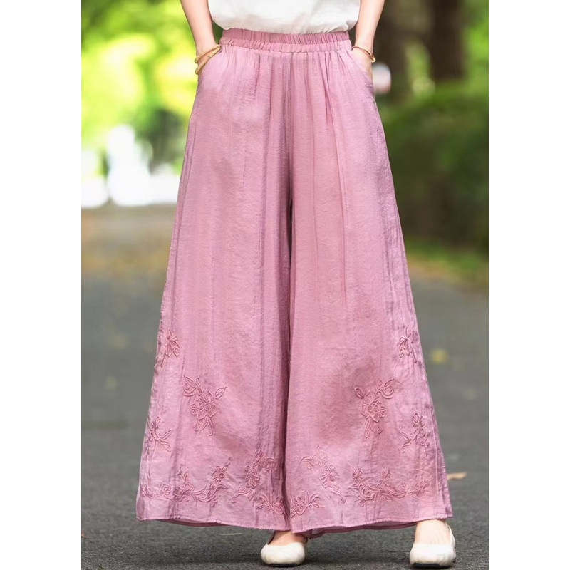 Summer Leg Elastic Waist New Wide Pants Silk Pink Embroidered