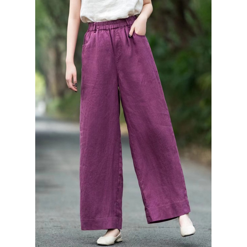 Summer Linen Elastic Waist Purple Solid Pants Loose Pockets