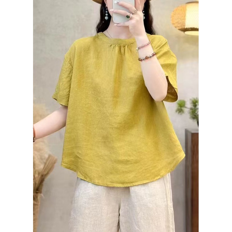 Summer Shirt Cotton Simple O Neck Solid Yellow