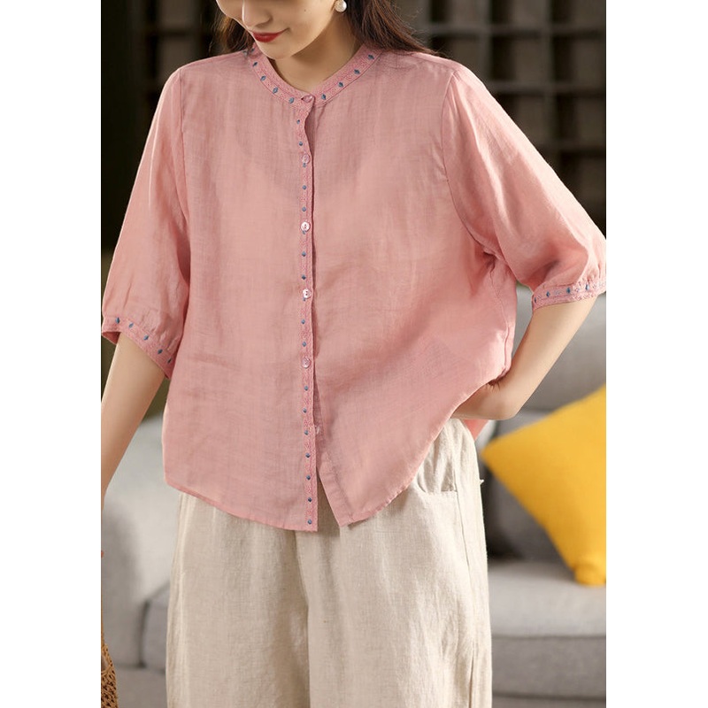 Summer Solid Blouse Linen Button Pink Embroidered