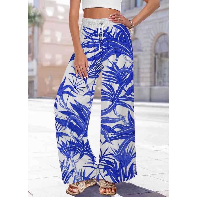Summer Waist Pants Leg Handmade Print Elastic Blue Wide