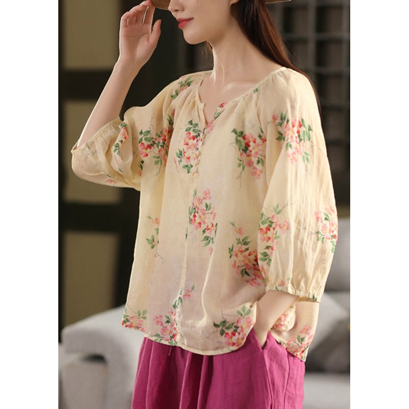 Thin Apricot Print Blouses Button Summer Loose Linen