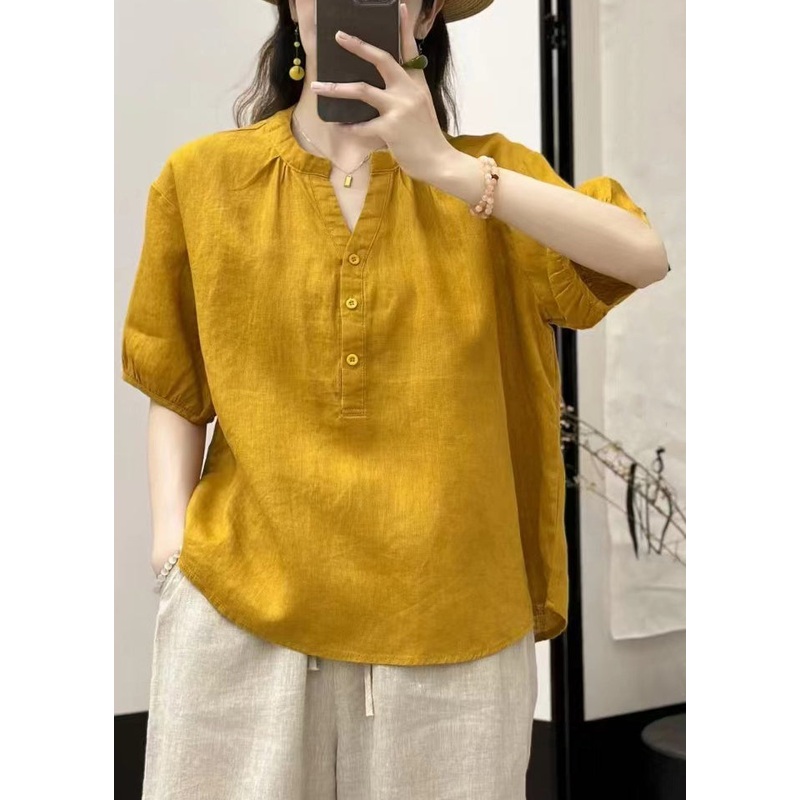 V Linen Neck Blouses Summer Yellow Button Loose