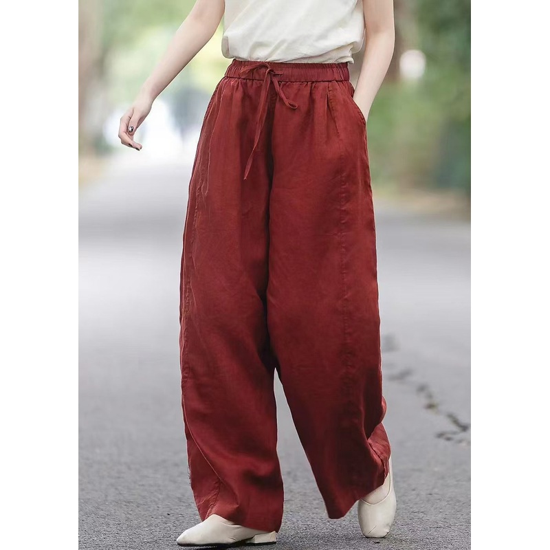 Waist Pants Summer Pockets Linen Elastic Red Boutique