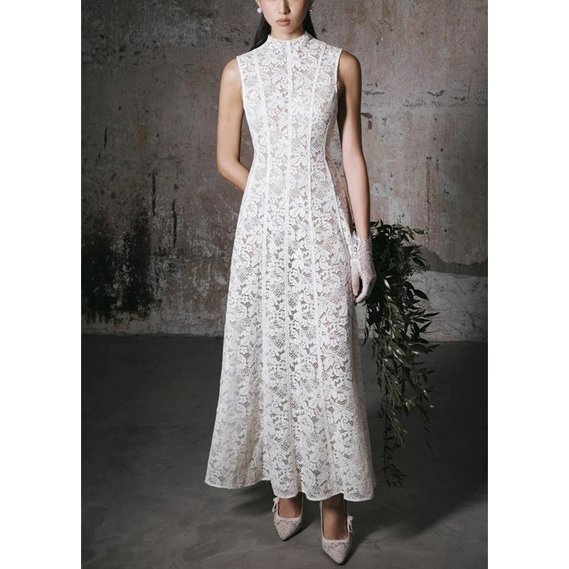 White Slim Long Solid Lace Dress Fit High Waist Sleeveless