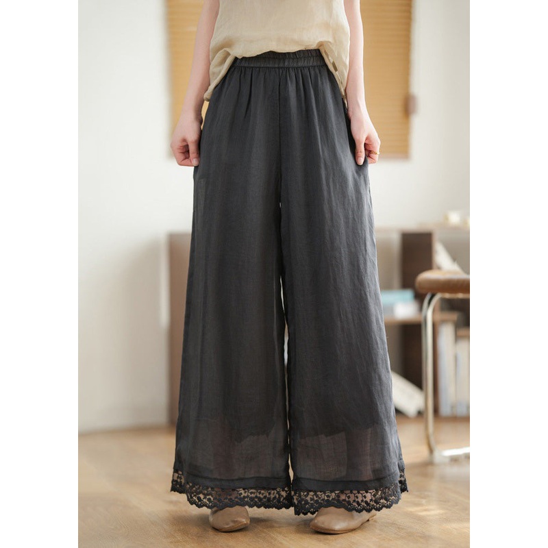 Wide New Lace Black 2025 Patchwork Pants Waist Leg Linen Elastic