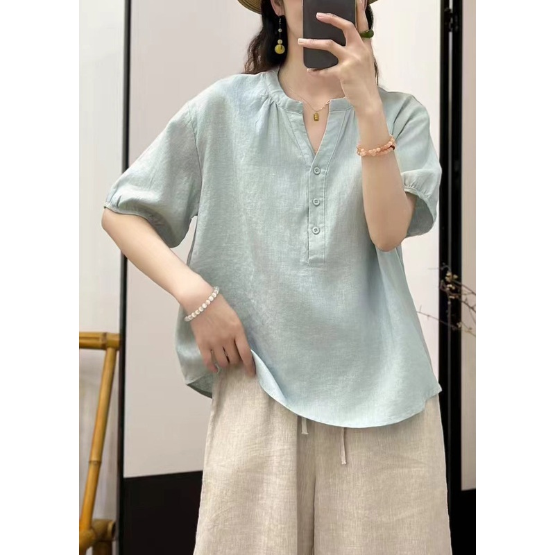 Women Button Shirt Blue Linen Loose Solid Sky
