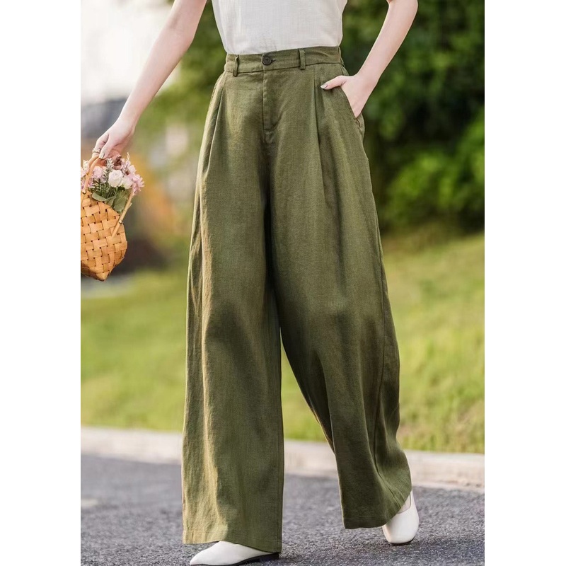 Women Summer Green Linen Pockets Straight Pants