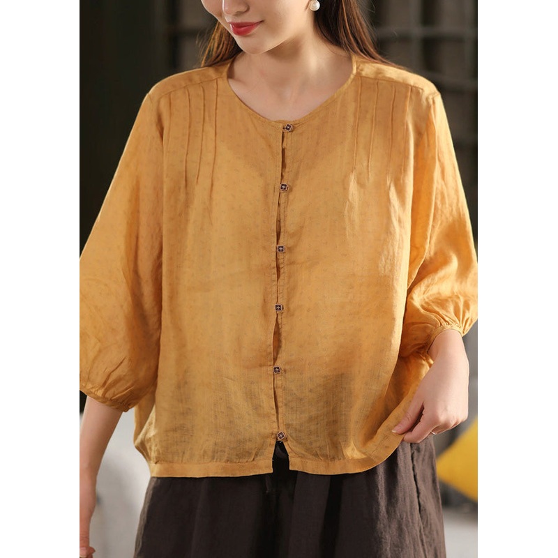 Yellow Fashion Button O Neck Linen Summer Top