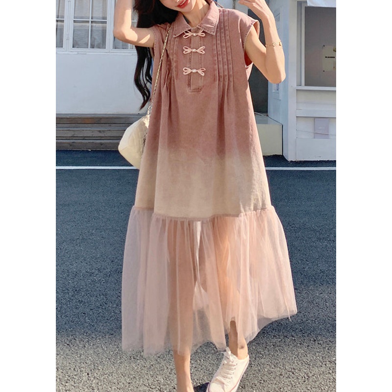 2025 Tulle Gradient Shirt Pink Splicing Denim Skirt Retro Summer