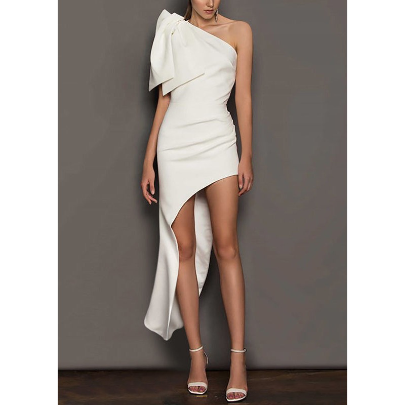 Asymmetrical Dresses One Shoulder Design Cotton Elegant White