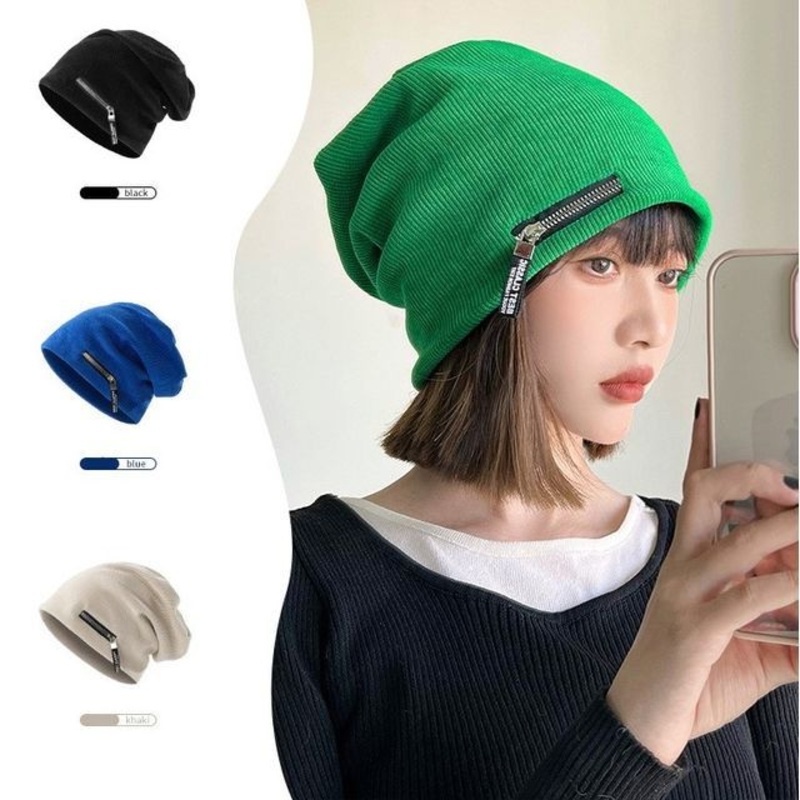 Beanie Ribbed Zip Detail|Beige|Black|Blue|Gray|Green|Pink|One Size
