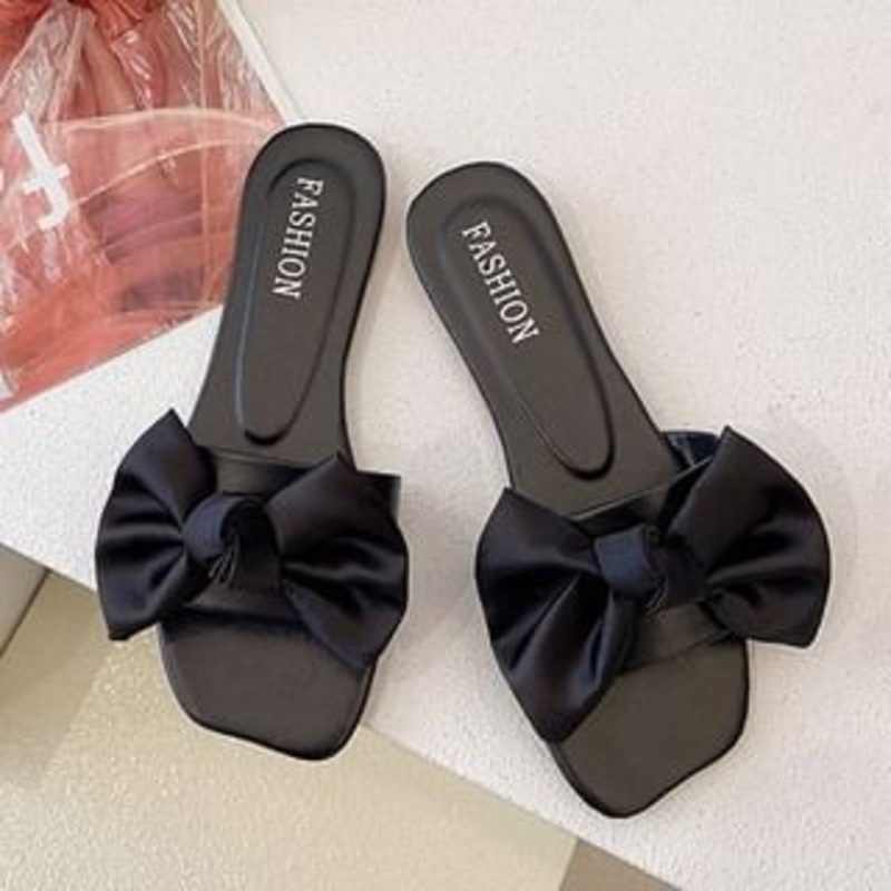 Bow Sandals Satin Slide|Black|Off-White|Red|35|36|37|38|39|40