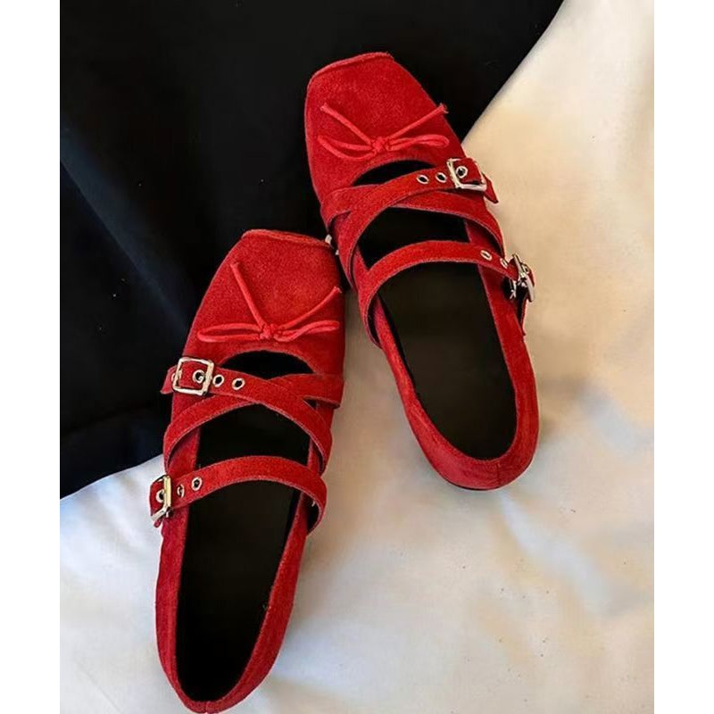 Bow Suede Splicing Strap Cross Red Boutique Shoes Wedge