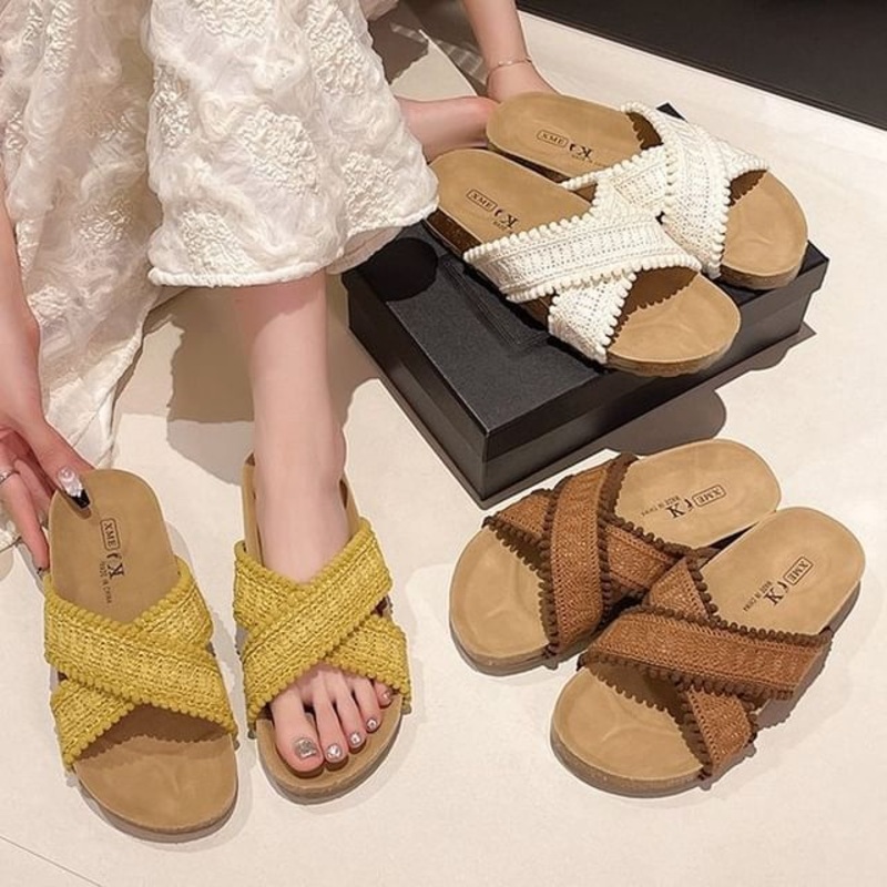 Cross Strap Sandals Knit|Beige|Brown|Yellow|35|36|37|38|39|40