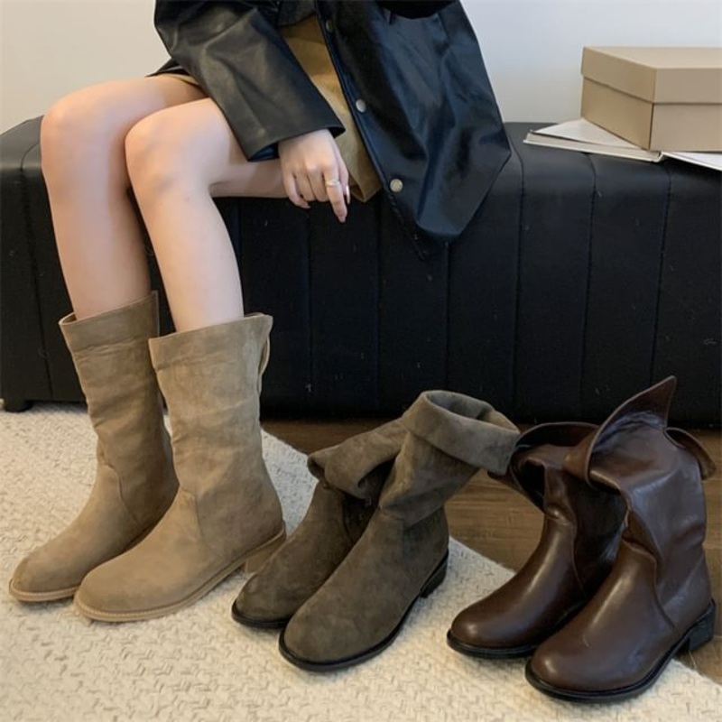 Mid Suede Calf Boots Faux|Brown|Coffee|Khaki|35|36|37|38|39