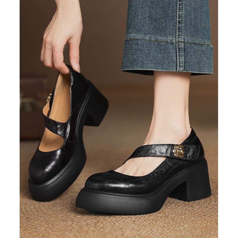 Splicing Chunky Loafer Fashion Sheepskin Black Shoes