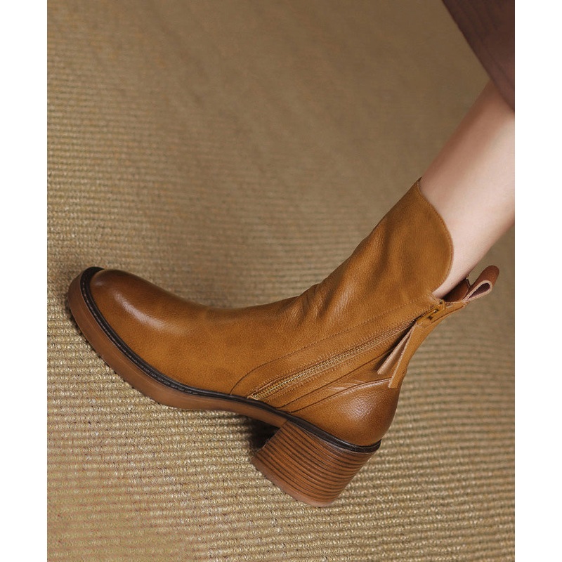 Splicing Leather Boots Cowhide Chunky Brown Boutique