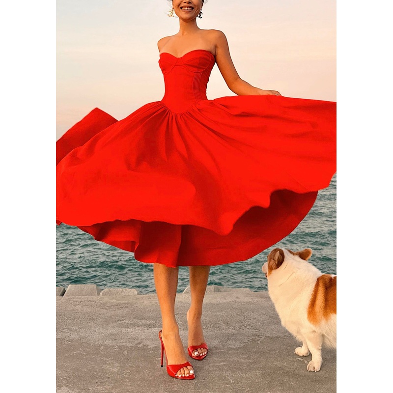 Strapless Summer Cotton Italian Patchwork Red Dress Wrinkled