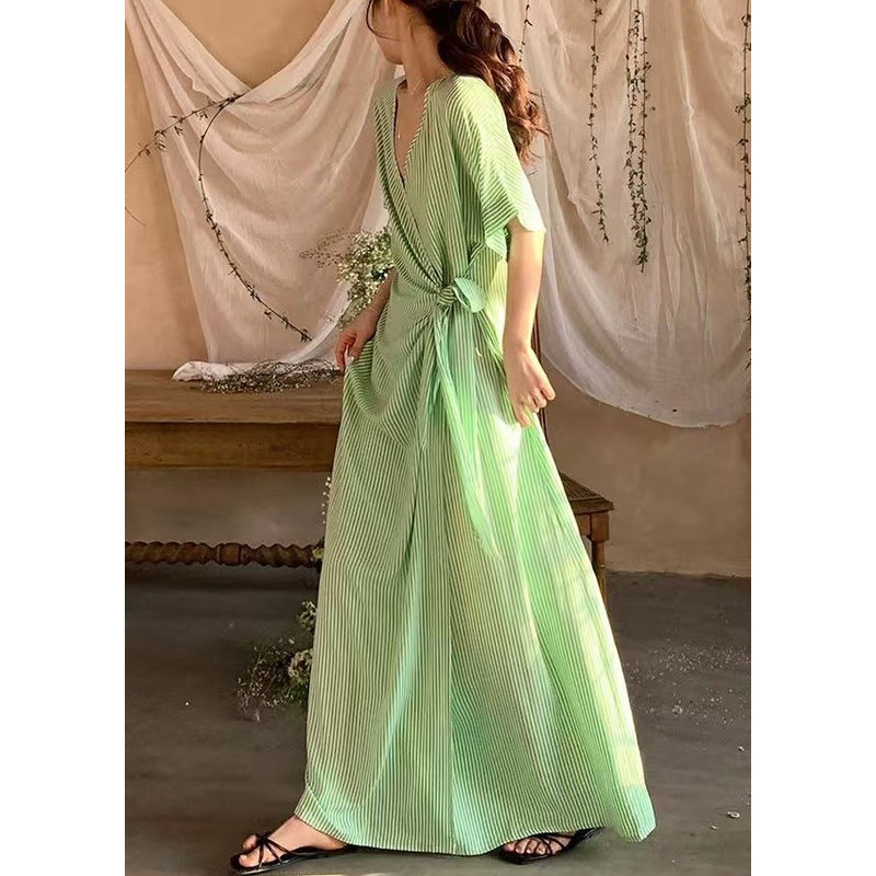 Striped Long Loose Summer Lace Cotton Dresses Up Green