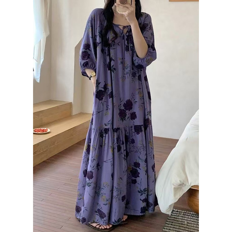 Summer Cotton Print Dresses Neck Purple Loose Wrinkled O Pajamas
