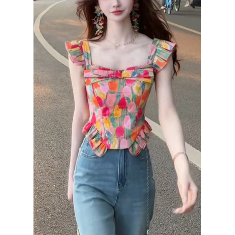 Summer Cotton Square Tops Stylish Collar Print