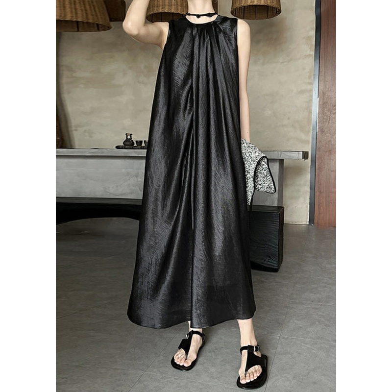 Summer Neck Dress Wrinkled O Silk Long Black