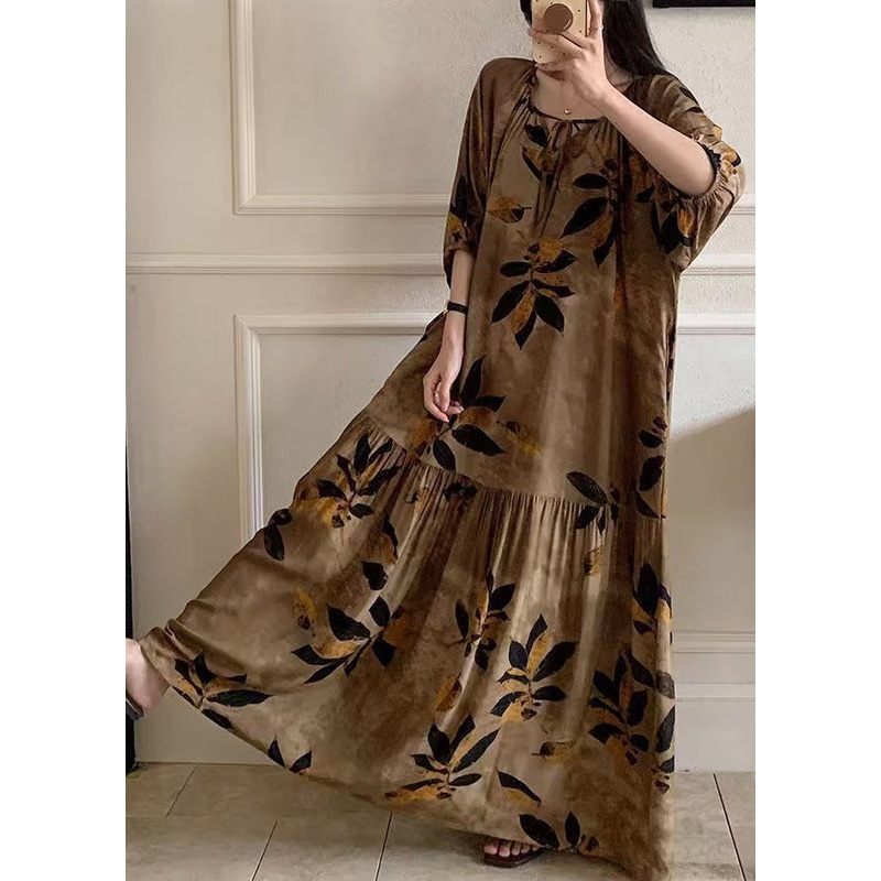 Summer Up Lace Pajamas Cotton Dress Maxi Prin Neck O Brown