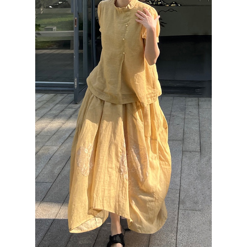 Tops Pieces Art Lace Skirts And Set Summer Yellow Patchwork Two
