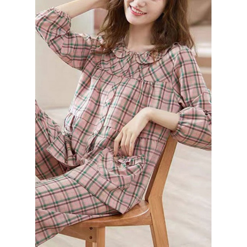 Two Loose And Pajamas Shirts Pink Pockets Cotton Pants Plaid