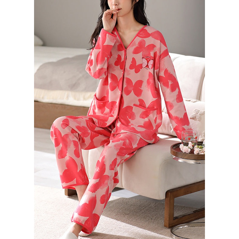 Two-Piece Neck Red V Set Pants Fall Print And Shirts Cotton