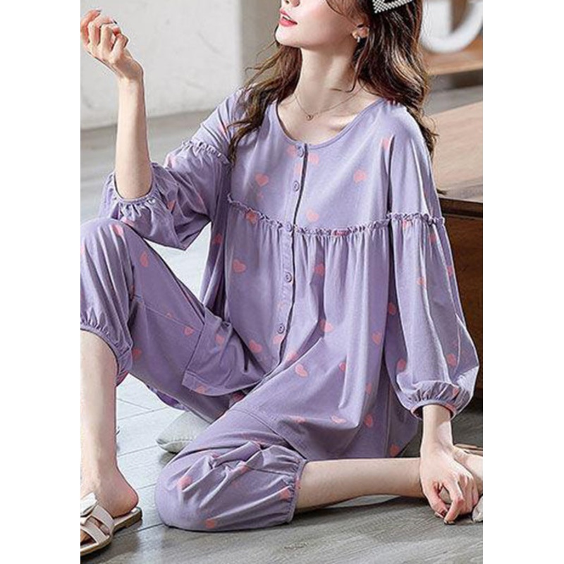 Two Pieces Pajamas Purple Cotton Set Ruffled Bracelet Loose Print