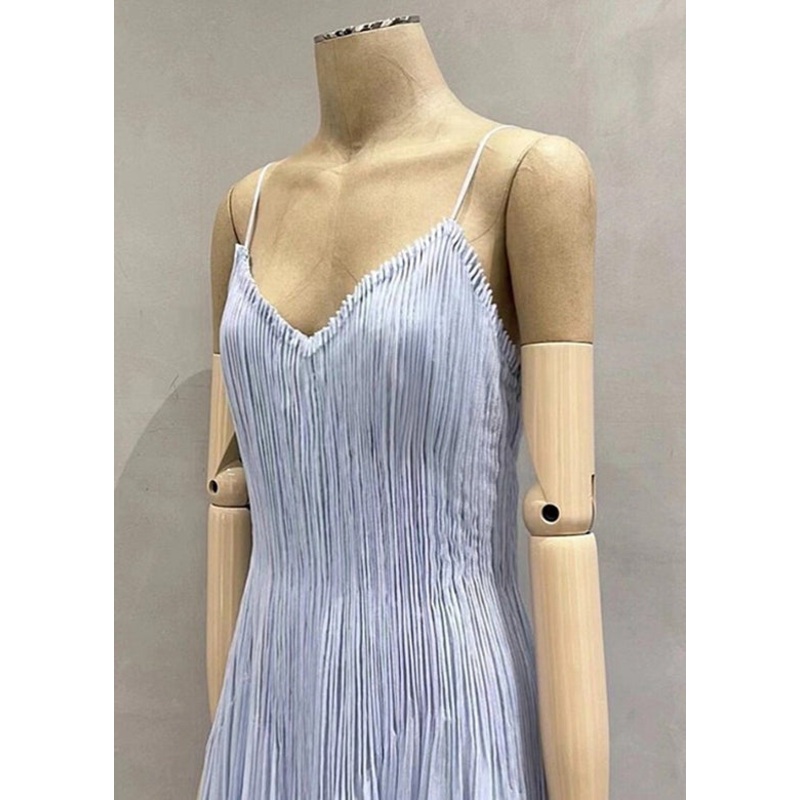 V Chic Summer Blue Cotton Spaghetti Dress Neck Strap Wrinkled