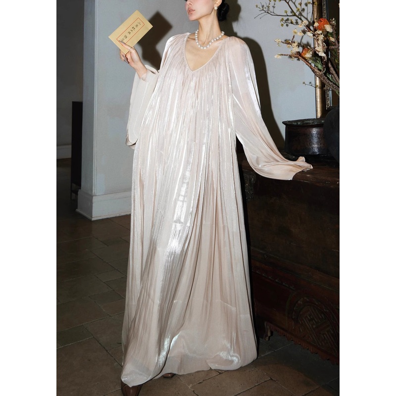 V Neck Maxi Glutinous Dresses Flour Rice Wrinkled Silk Italian