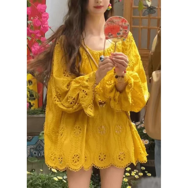 Yellow Sleeve Long Neck Out Hollow New Shirt O Top Lace