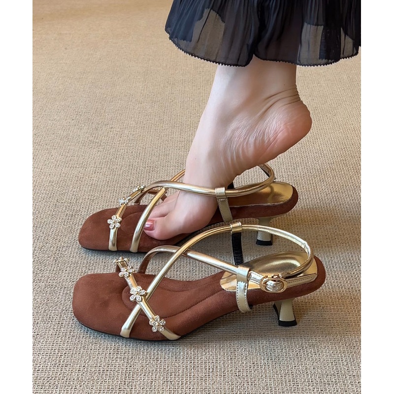 Zircon French High Flower Cross Strap Heel Toe Gold Square
