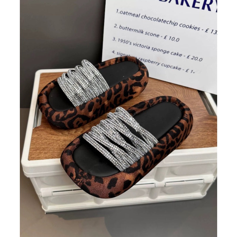 Zircon Peep Platform Slide Leopard Toe Stylish Sandals