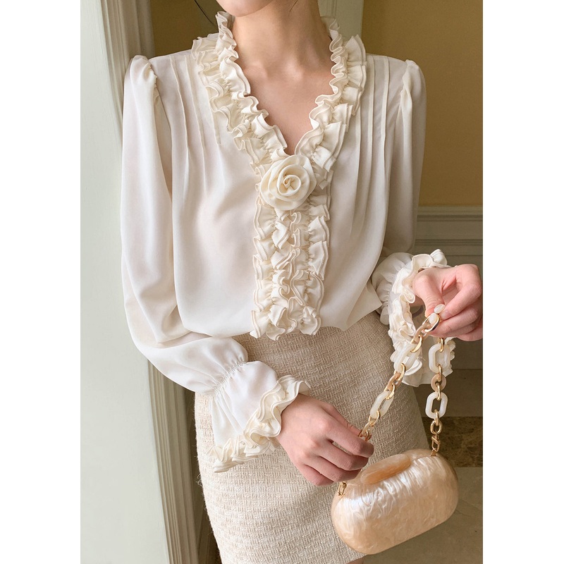 Apricot Art Sleeve Shirt Solid Chiffon Ruffled Petal