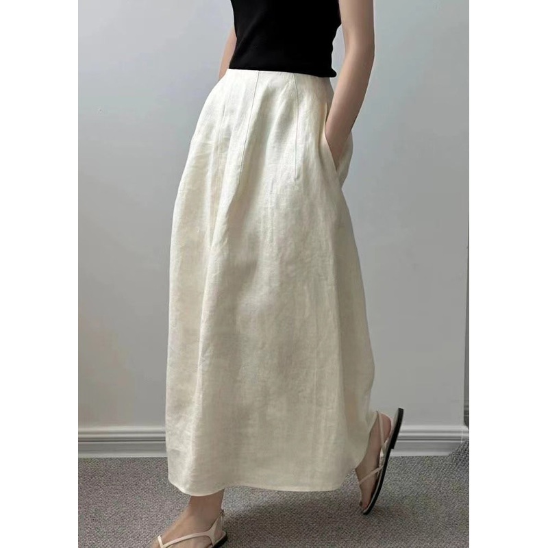 Beige Solid Summer Pockets Waist Skirts New High Cotton
