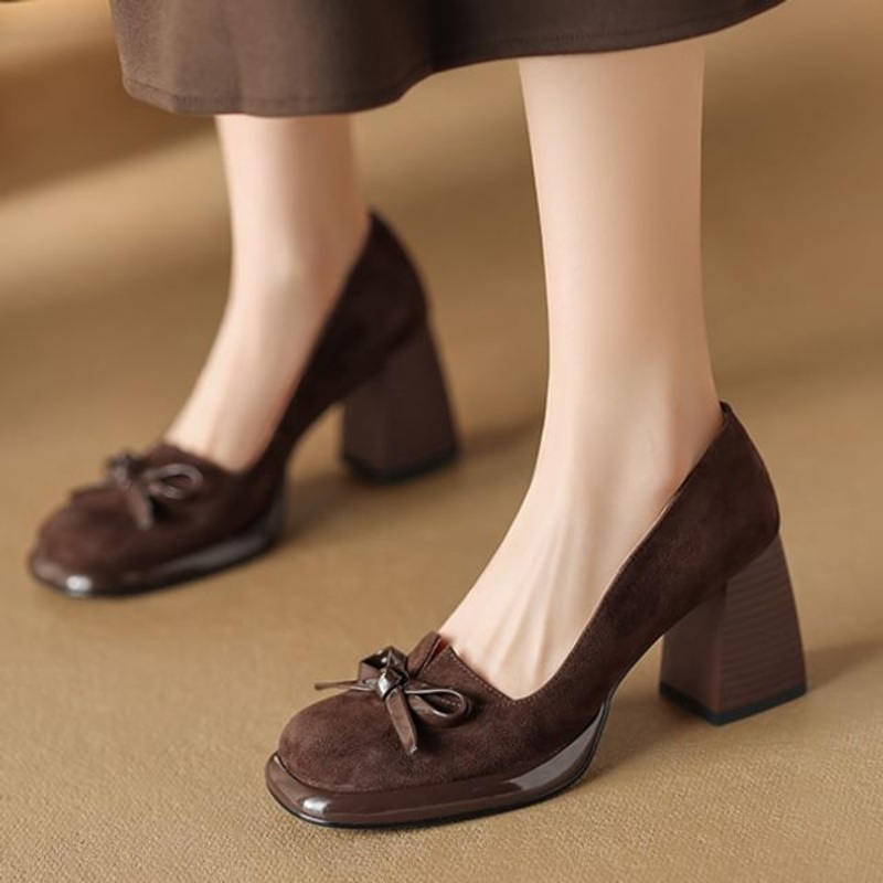 Bow Pumps Heel Block|Black|Brown|35|36|37|38|39|40