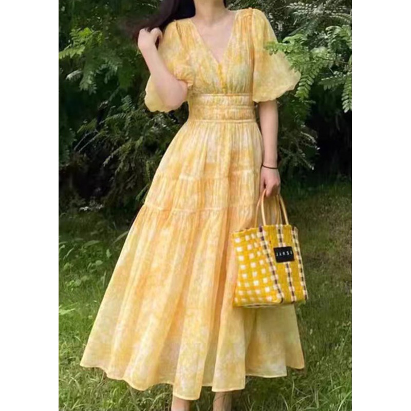 Chiffon Bohemian Print Long Neck V Dress Summer Yellow