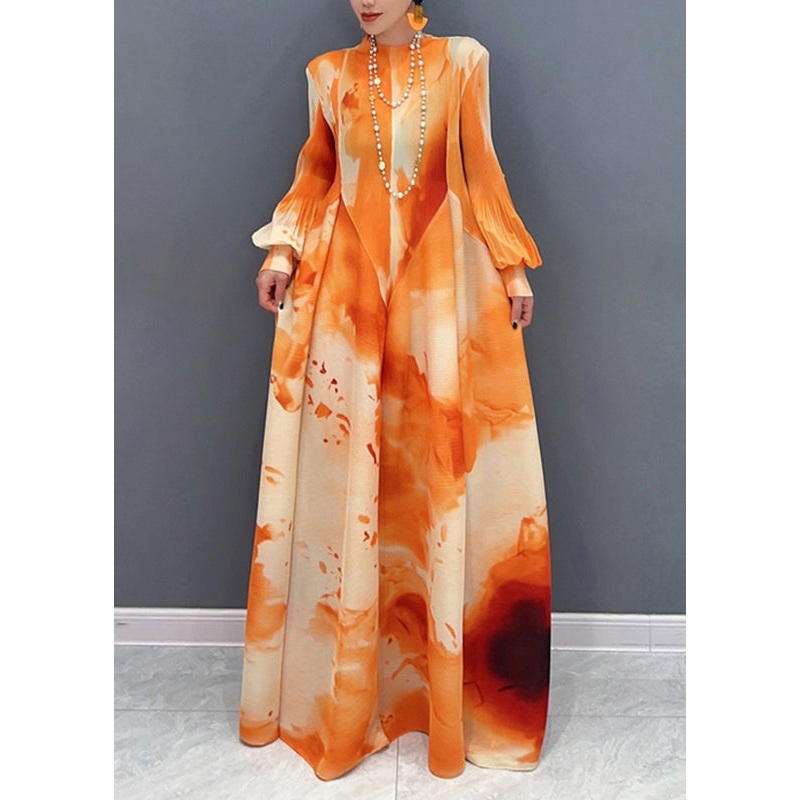 Dress Long Spring Chiffon Orange Collar Chic Wrinkled Stand