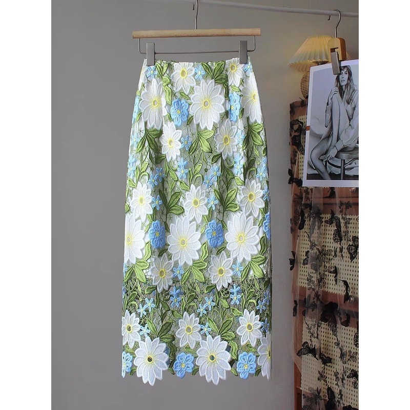 Floral Green Straight Skirt Embroidery Elegant