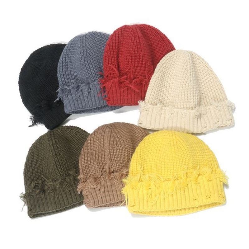 Knit Beanie Distressed|Army Green|Beige|Black|Camel|Gray|Red|Yellow|One Size